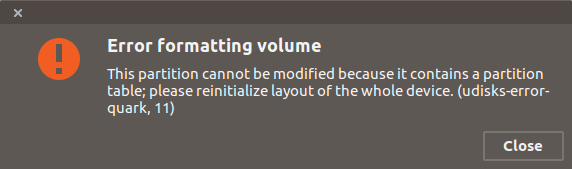 This partition cannot be modified because it contains a partition table; please reinitialize layout of the whole device. (udisks-error-quark, 11)