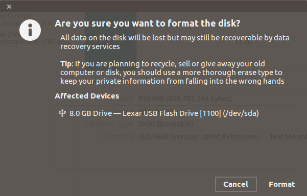 Can't format Ubuntu installation stick