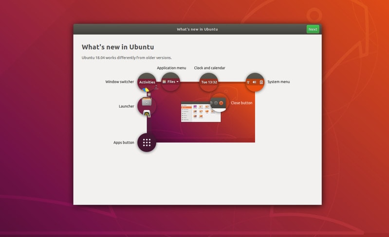 Welcome screen in Ubuntu 18.04