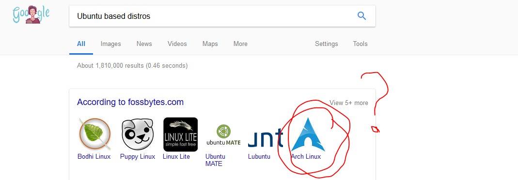 Google thinks Arch Linux is based on Ubuntu