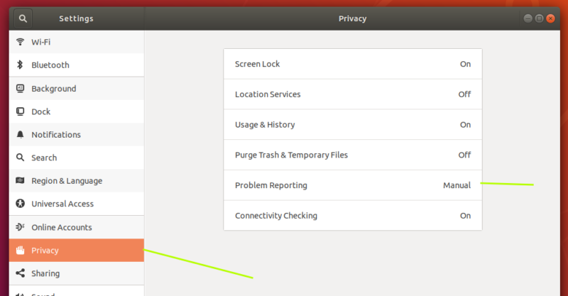 Privacy settings in Ubuntu 18.04
