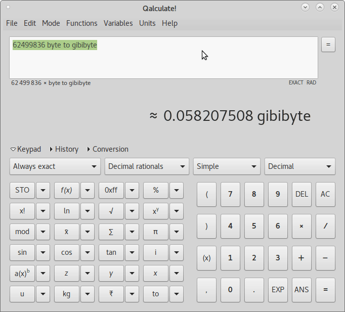 qalculate byte to gibibyte conversion 