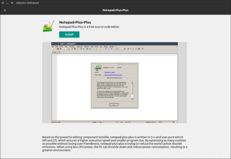 Notepad++ in Ubuntu Software Center