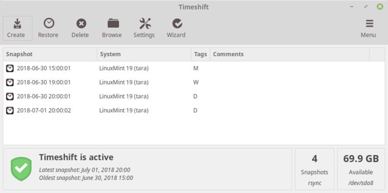 Creating snapshots with Timeshift in Linux Mint 19
