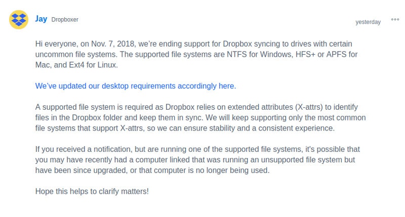 Dropbox official confirmation over limitation on supported file systems