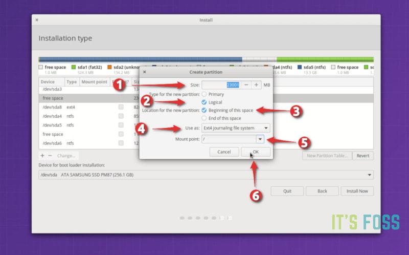 Create root partition for the new Linux