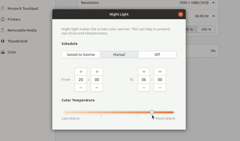 Nightlight control in Ubuntu 19.04