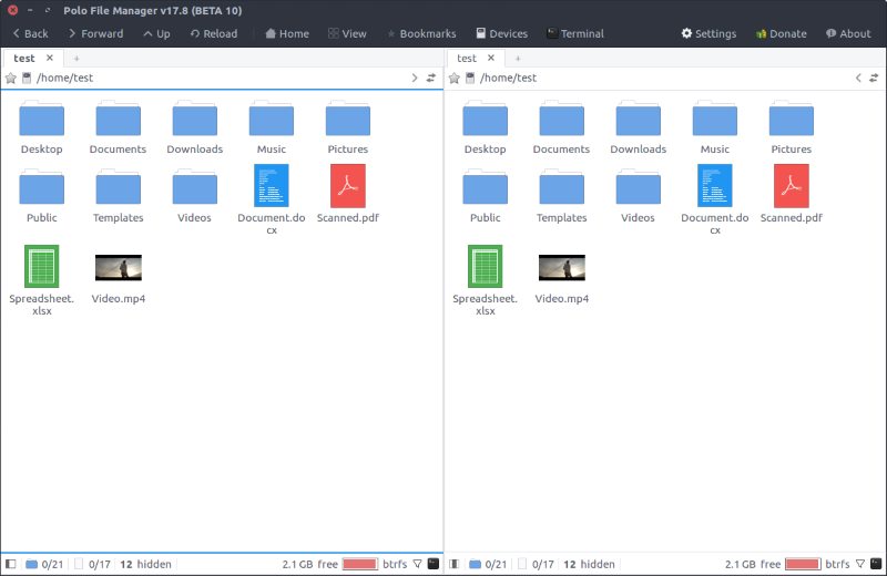 Dual pane view of Polo file manager