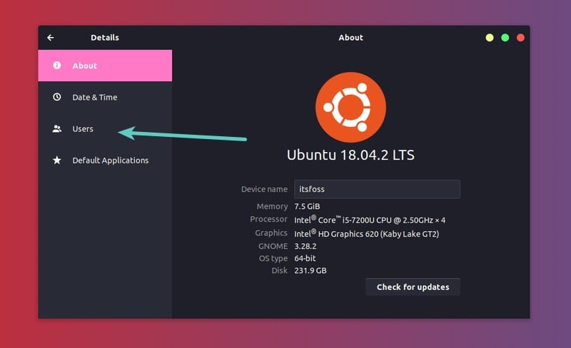 Users settings in Ubuntu