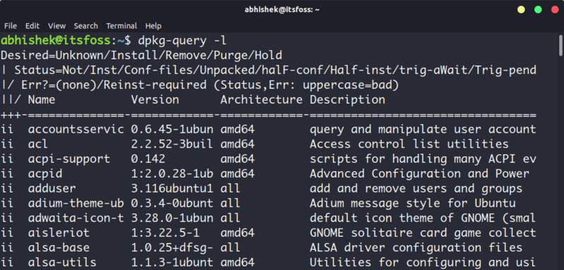 Listing installed packages with dpkg command