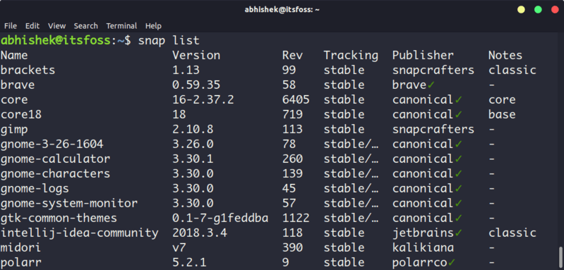 List installed packages with snap