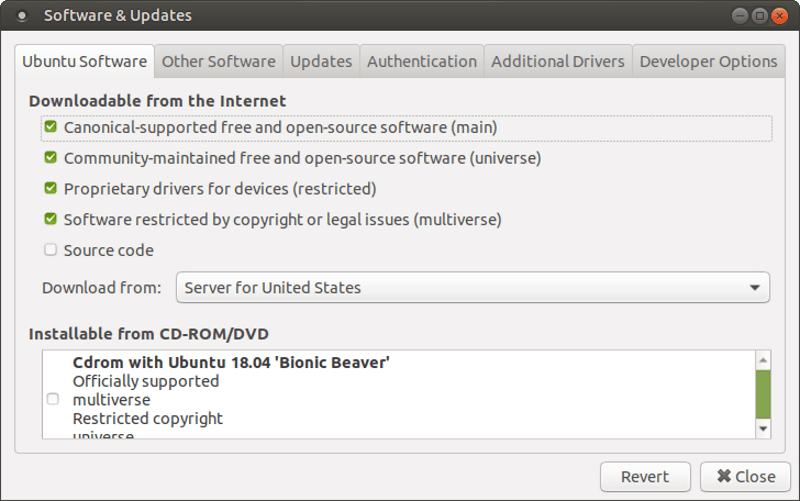 Software & Updates dialog box in Ubuntu