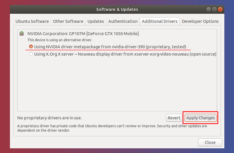 software & updates additional drivers nvidia proprietary