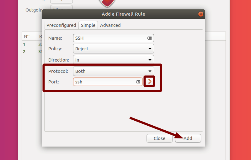 Select Protocol and Port and finish creating a Simple Rule in GUFW