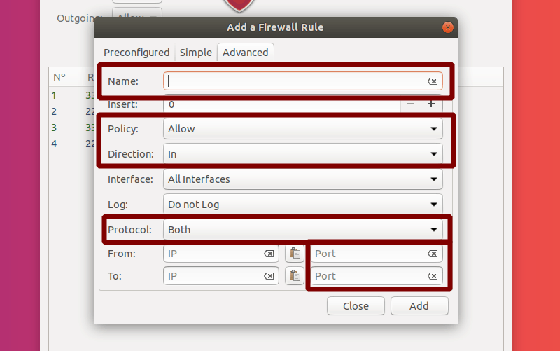 Select Name, Policy, Direction, Protocol, Ports for an Advanced Rule in GUFW