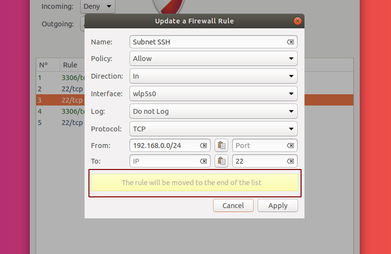 Edit Rule Menu in GUFW