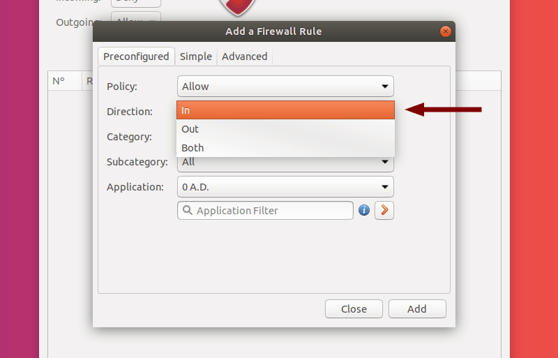 Select Direction of a Preconfigured Rule in GUFW