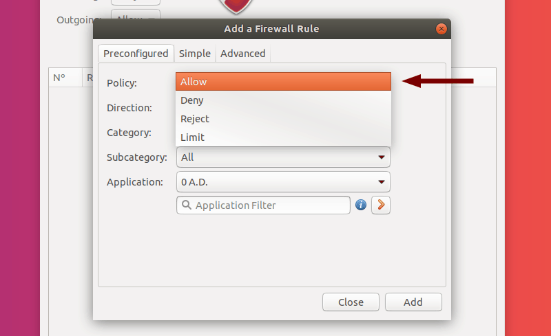 Select Policy of a Preconfigured Rule in GUFW