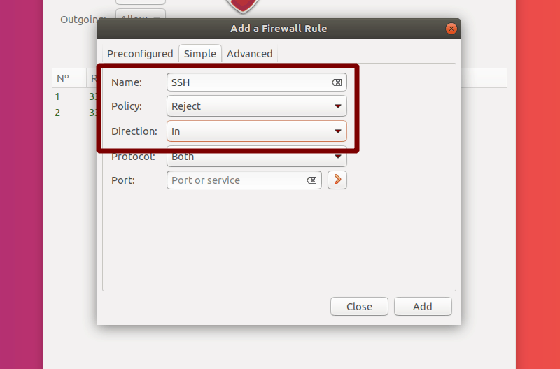 Select Name, Policy and Direction for a Simple Rule in GUFW