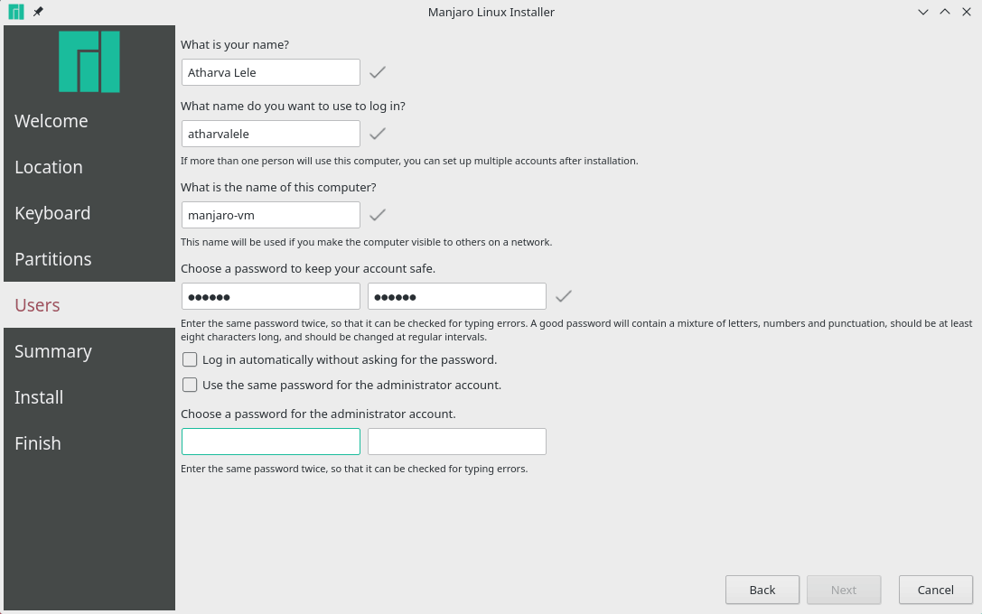 manjaro installer user account setup