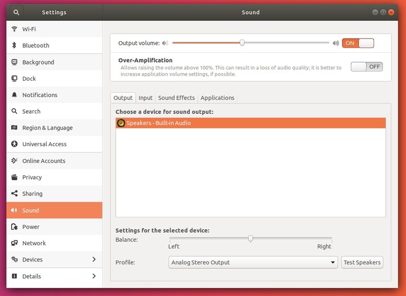 Sound Settings Menu Ubuntu 18.04