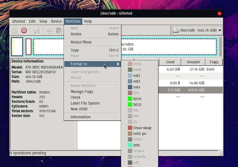 Gparted Partition Options