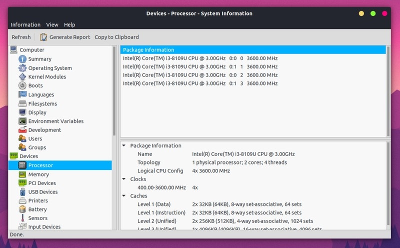 Hardinfo showing processor information