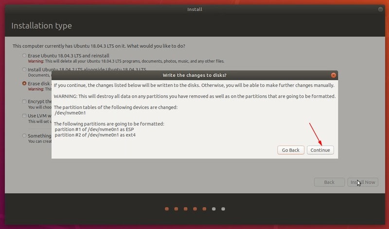 Warning for disk formatting during Ubuntu installation