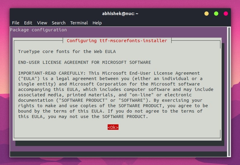 Installing Ubuntu Restricted Extras, where you are prompted to accept the EULA license agreement