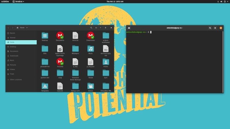 Pop Os desktop running file manager and terminal