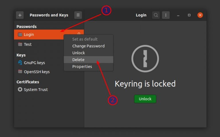 how to remove default keyring password in ubuntu 20.04