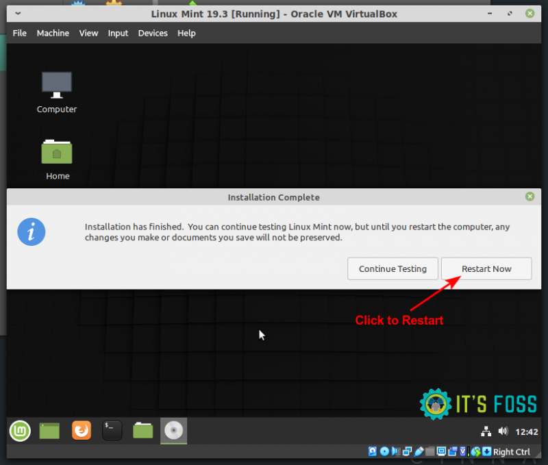 Linux Mint virtualbox installation finished