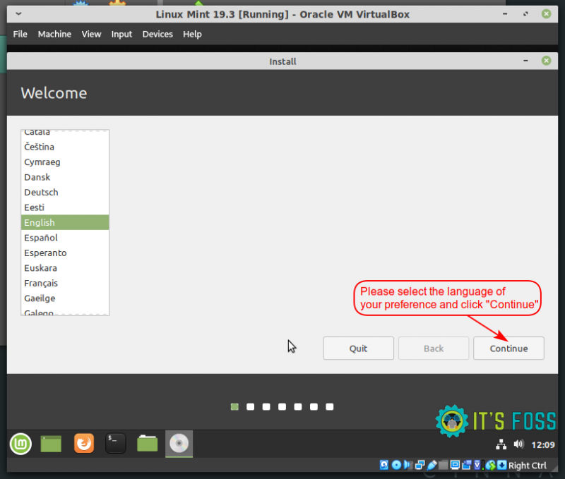 Choose Language while installing Linux Mint in VirtualBox