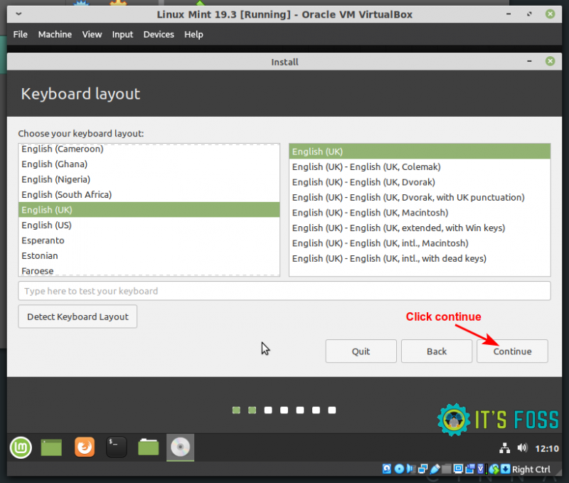 Select keyboard while installing Linux Mint in VirtualBox