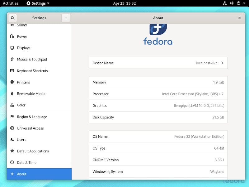 Fedora 32 Settings