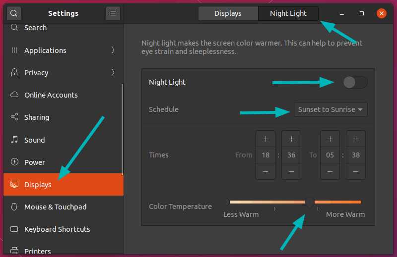 Adjust the night light settings in Ubuntu, usign the system settings application