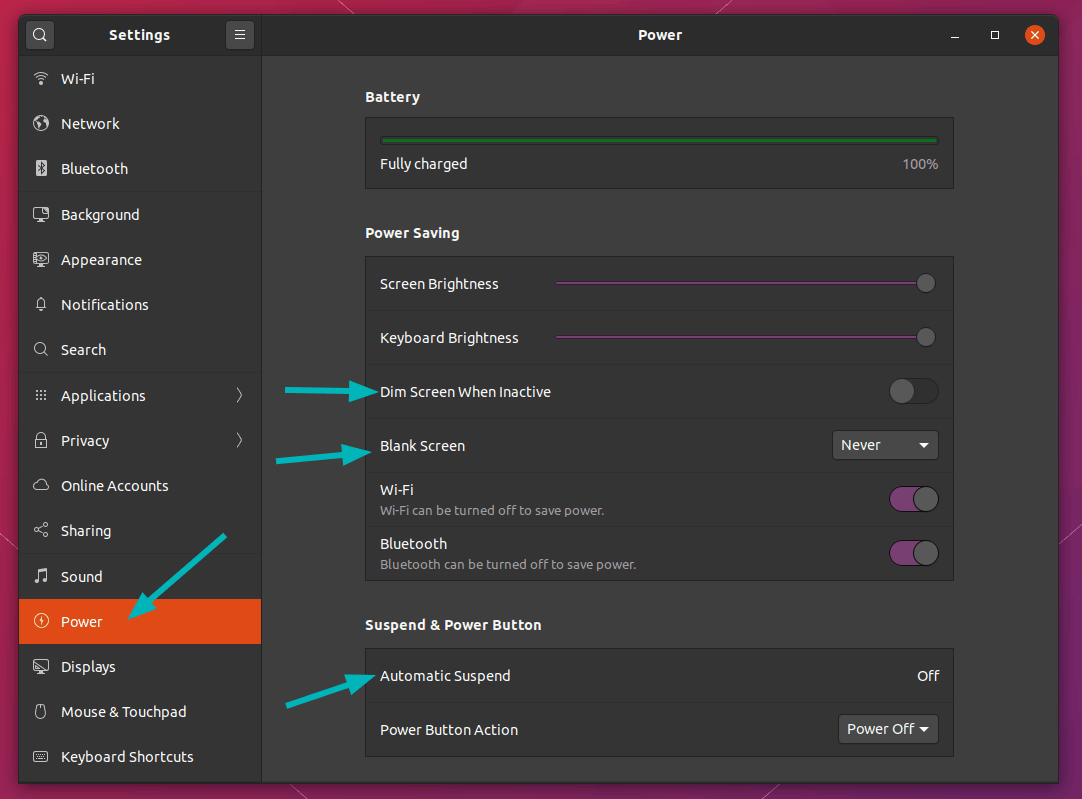 Power Settings Ubuntu 20 04