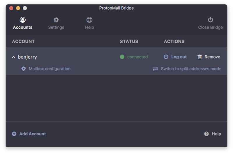 Protonmail Bridge Screenshot