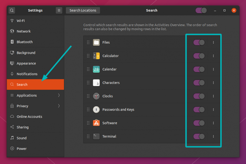 Control what appears as the search results in Ubuntu, by using these toggle options on "Search" tab in system settings