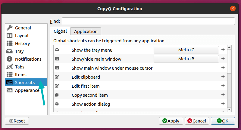 CopyQ clipboard manager Shortcuts