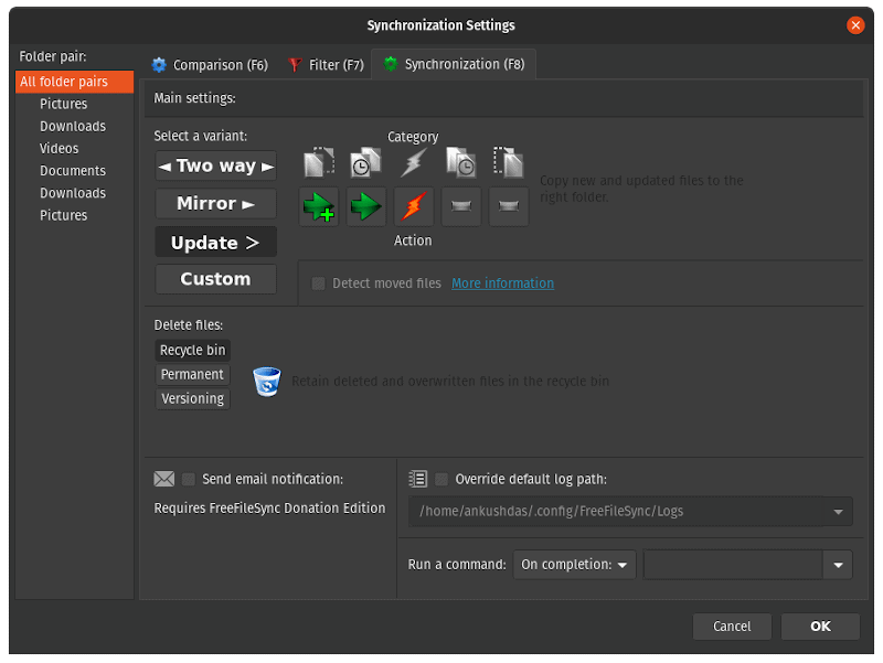 a screenshot of freefilesync synchronization options