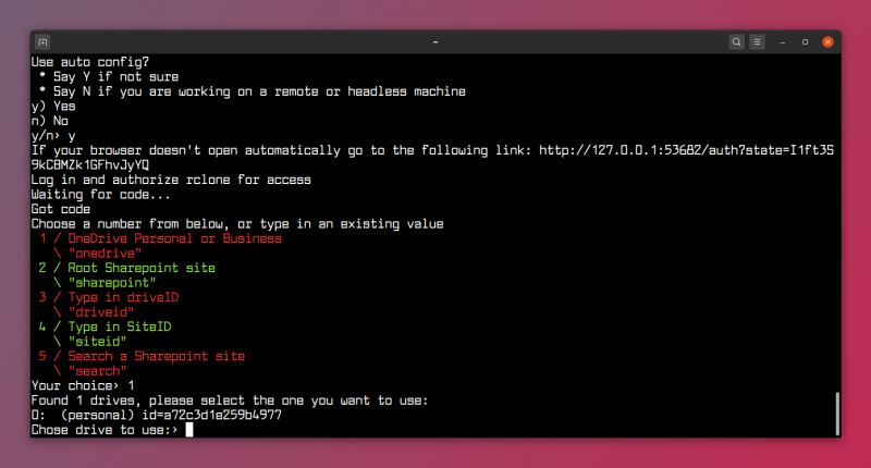 Configuring Onedrive with rclone