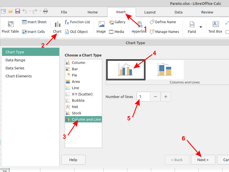 Enter chart in LibreOffice spreadsheet Calc