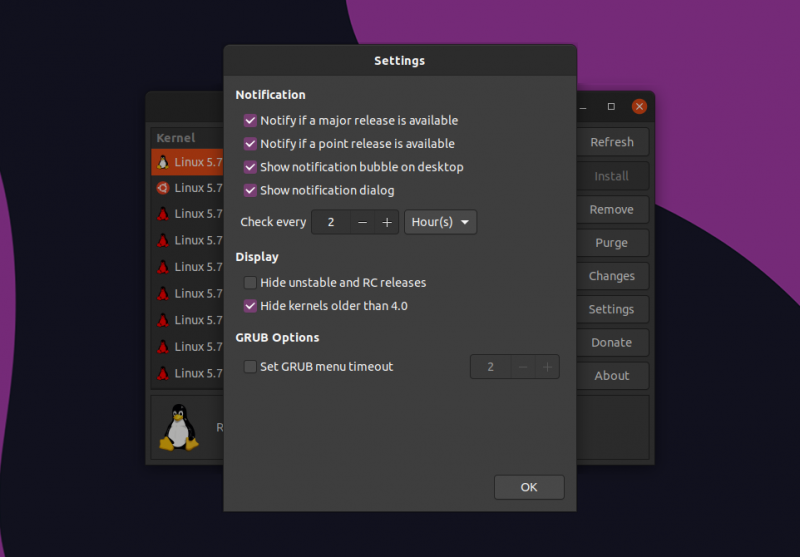 Ukuu Linux kernel tool settings