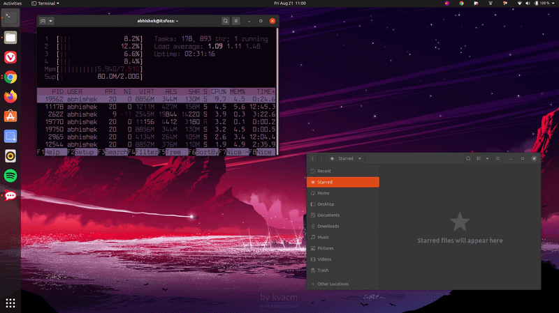 Ubuntu 20 04 desktop with file manager and a terminal window running htop