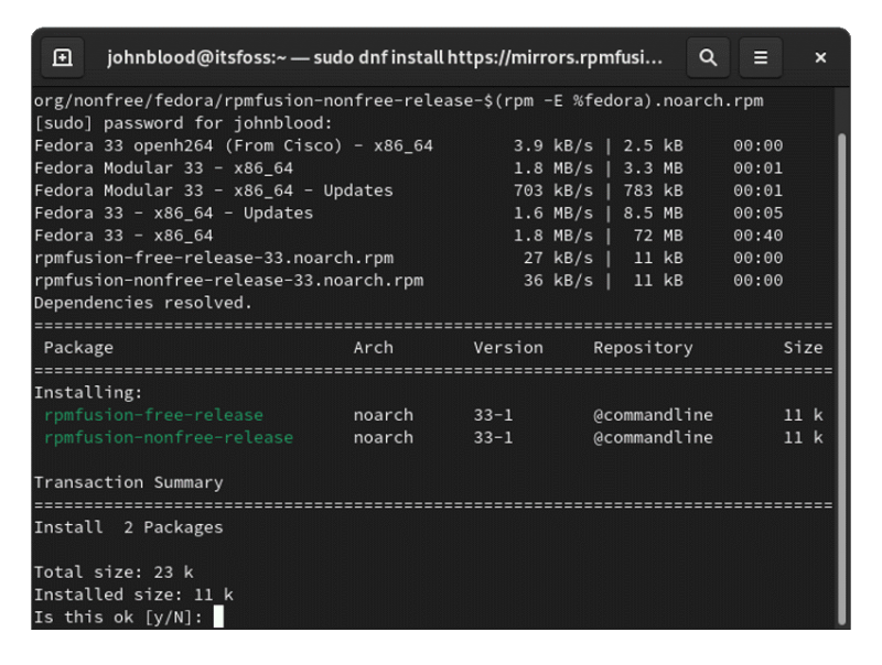 Install RPM Fusion via command line