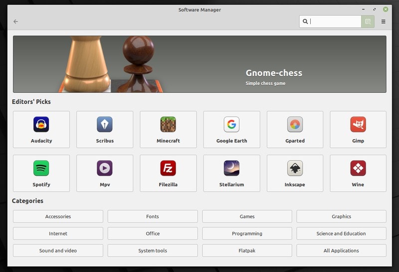 Home page of Software Manager application in Linux Mint