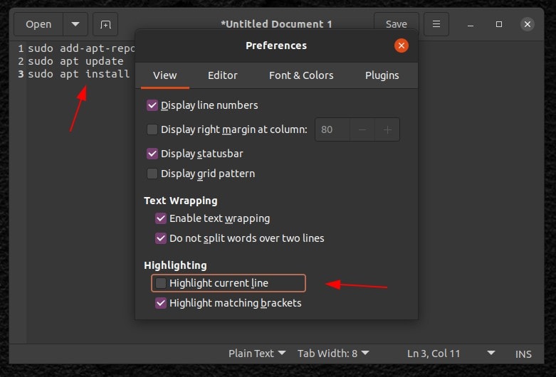 Disable Highlight Line Gedit