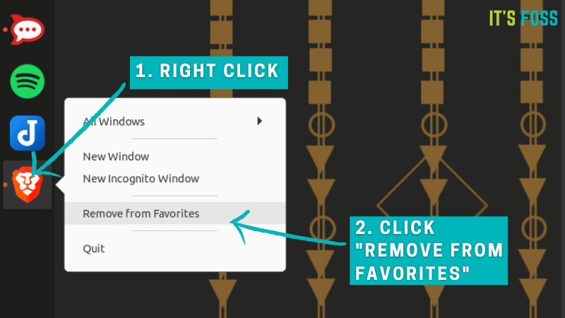 Right-click on the icon and select "Remove from Favorites" to remove icons from the dock in Ubuntu