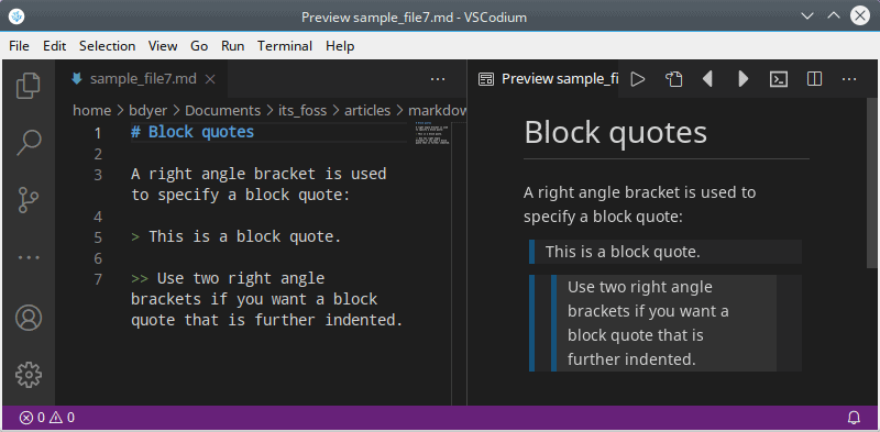 Markdown block quote example